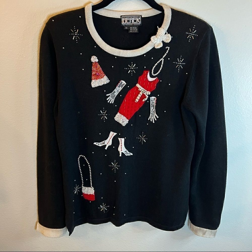 Berek christmas sweater holiday dress gloves heels beaded snowflakes black Med